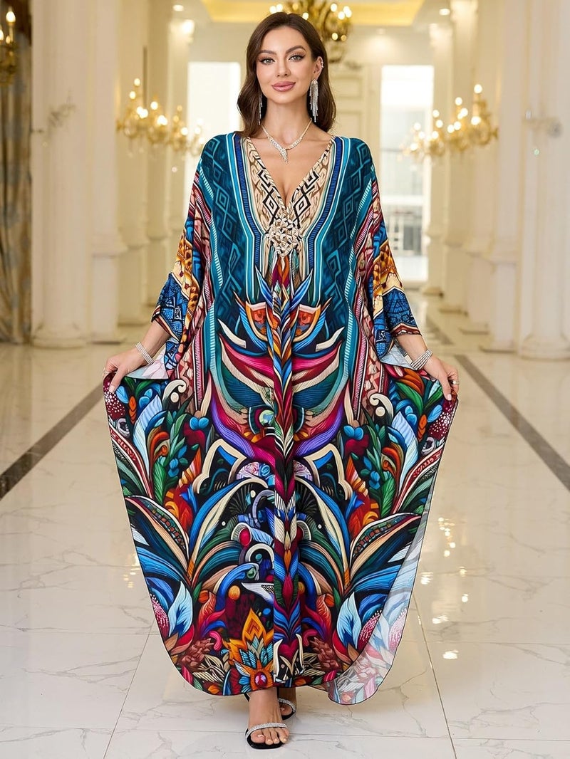 KEYLORTING Women’s Kaftan Beach Cover Up Dress Plus Size Summer Swimsuit Loungewear Maxi Dress - Image 4